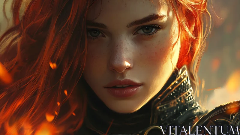 Fiery haired warrior gazes ahead through drifting embers.