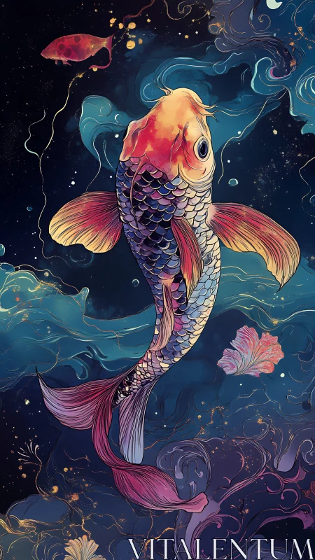 Digital koi fish illustration shows stylized aquatic composition