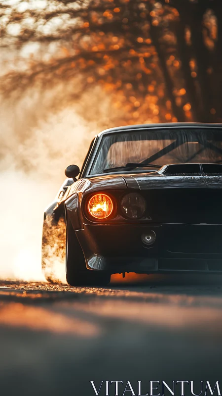 Muscle car charges through autumn mist at golden hour.