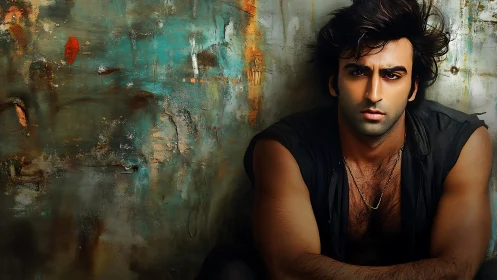 Brooding portrait beside a moody, textured painted wall.