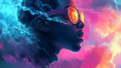 Neon-lit profile portrait merges face with glowing clouds