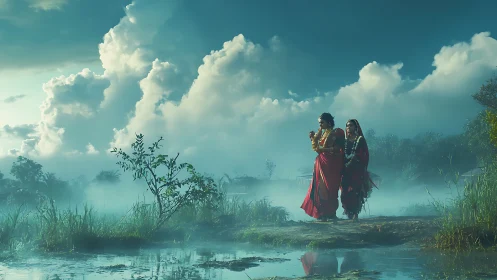 Crimson-clad pilgrims drift through misty wetlands dawn