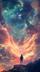 Silhouetted figure observes nebular cloudscape under dense starfield