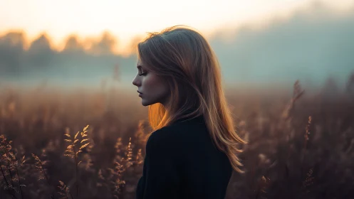Pensive young woman stands in misty field at golden sunrise