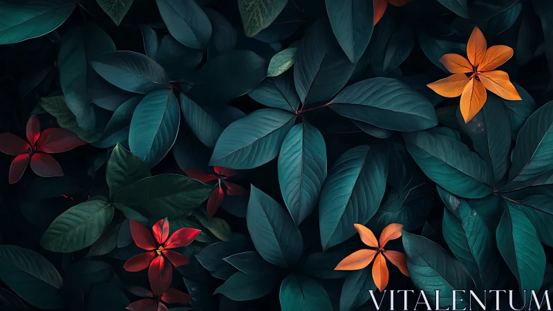 High-contrast foliage study with saturated teal leaves and neon blooms