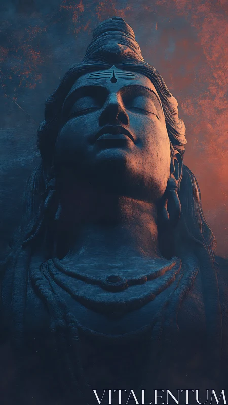 Statue of a meditative figure rendered in low key lighting