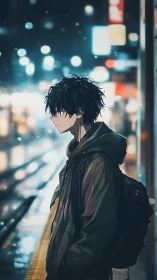 Solitary anime boy waits at night on a rainlit city platform.