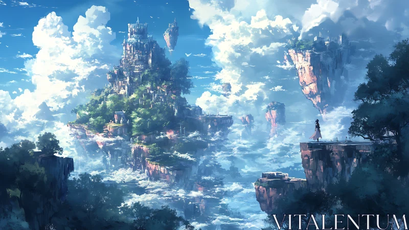 Floating Castles Rise Through Clouds. Fantasy Landscape.