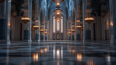 Luminous chandeliers script amber echoes across marble silence