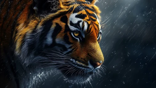 Side profile of tiger in rain with detailed fur texture.