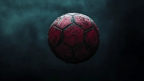 Worn red soccer ball suspended against dark misty backdrop.