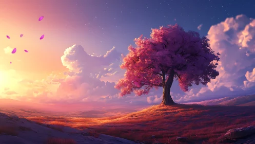 Solitary pink tree under glowing sunset sky panorama.