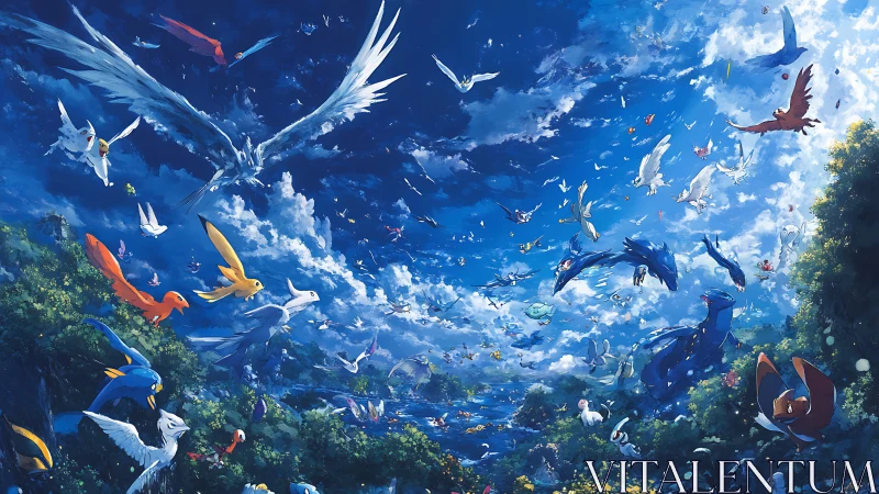 Legendary sky creatures swirling above lush valleys.