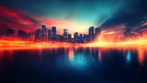 Long-exposure neon skyline with dynamic light trails over water