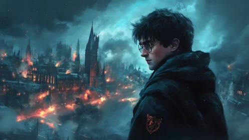 Hooded youth observing burning gothic cityscape at night.