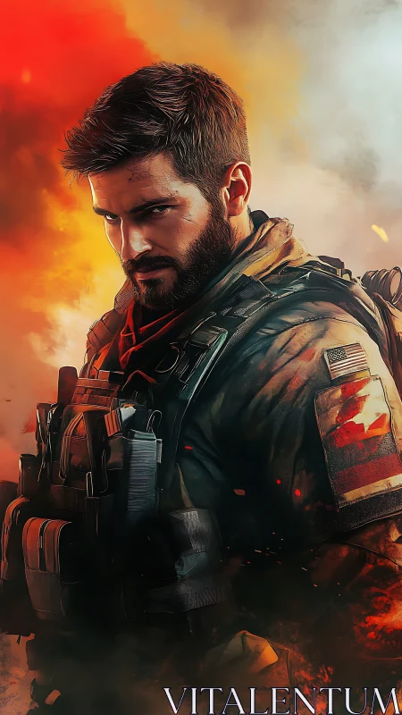 Armored soldier in tactical gear framed by cinematic fire