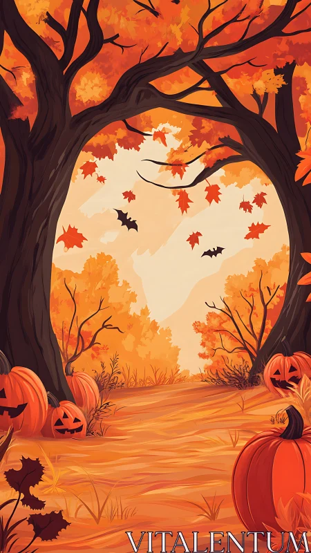 Autumn Path Through Dead Tree Forest with Halloween Pumpkins