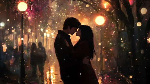 Couple Silhouetted Against Luminous Urban Street
