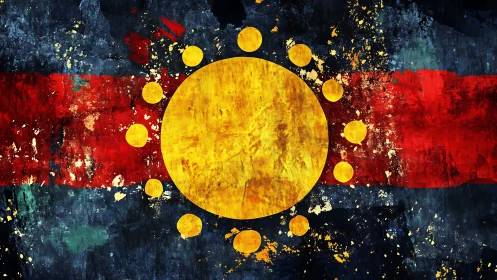 Grunge style abstract sun emblem on red and blue field.