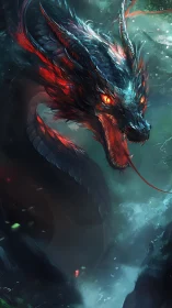 Fiery-eyed serpent dragon coils through stormy misty chasm.