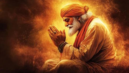 Elder mystic in golden prayer, side-profile digital portrait.