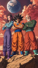 Sky-top heroes stand tall beneath a glowing distant world.