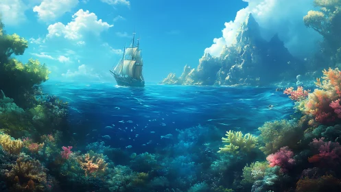 Sunlit coral kingdom beneath a wandering sea ship.