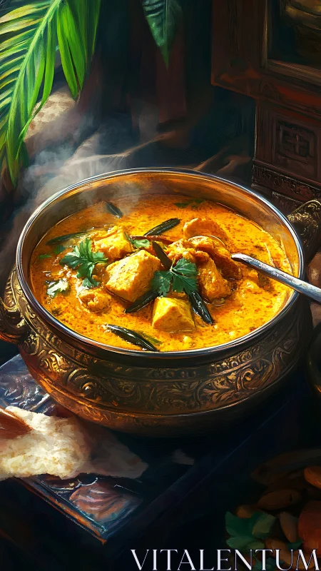 Golden curry simmers in ornate brass pot under dappled light