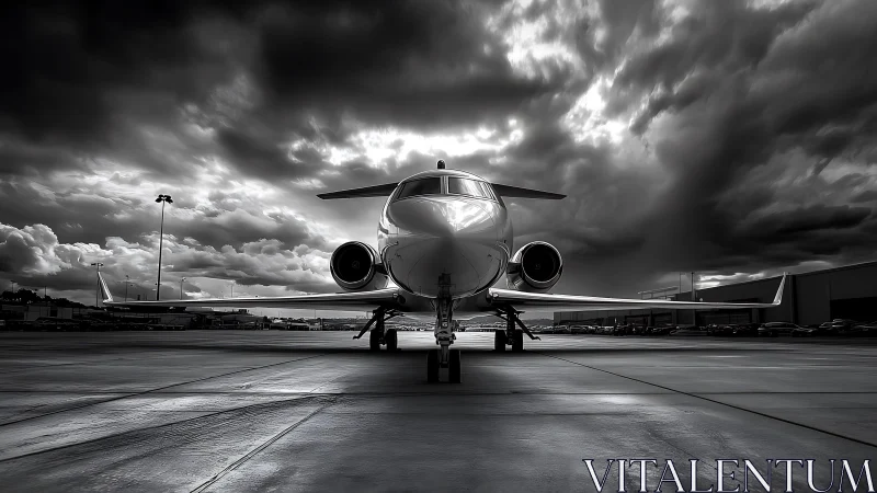 Storm-lit private jet poised on dramatic runway tarmac.