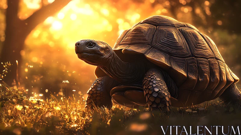 High-detail tortoise render under warm backlit golden hour illumination