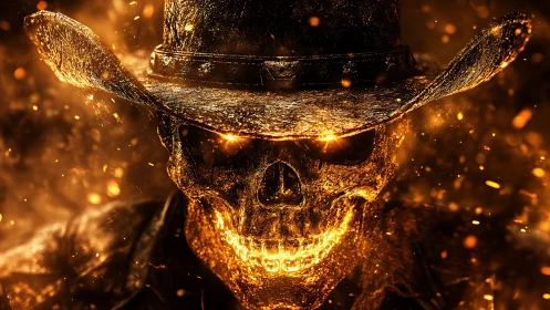 Incandescent skeletal cowboy rendered in high-contrast ember lighting