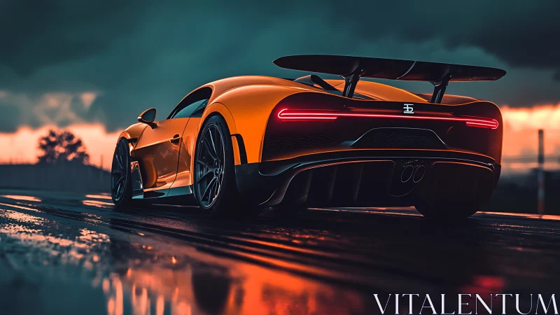 Orange hypercar on wet racetrack at dramatic sunset.