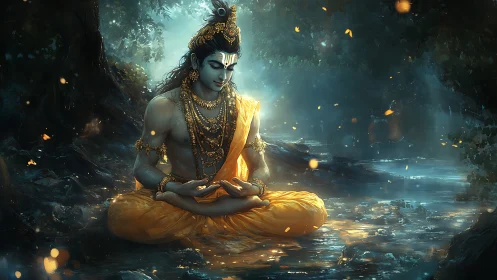 Seated figure meditates beside illuminated forest stream