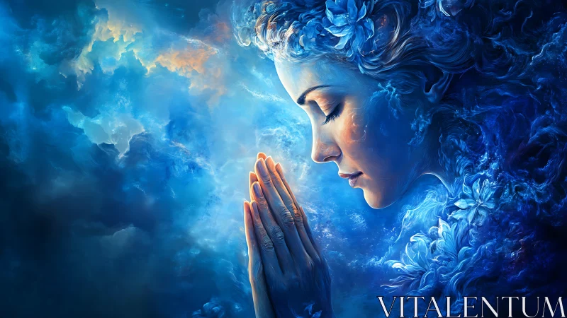Celestial blue spirit prays within swirling cosmic clouds
