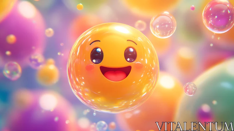 Joyful glossy emoji orb amid glowing pastel bubbles.