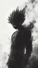 Shadow-charged warrior silhouette in monochrome energy storm.