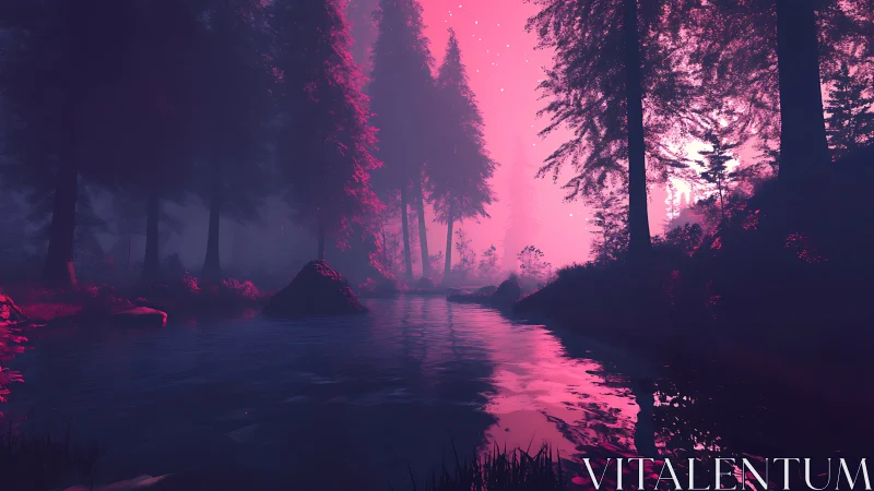 Neon-Saturated Arboreal Waterscape with Chromatic Atmospheric Dispersion.