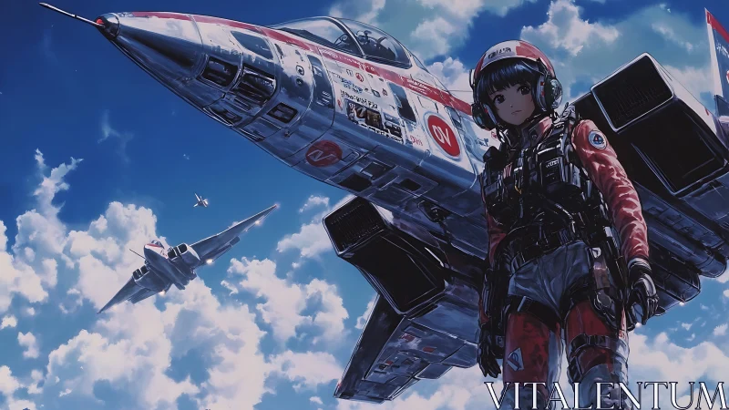 Anime fighter pilot with futuristic jets in bright sky.