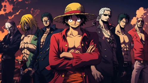Straw hat pirate crew lineup under dramatic sunset sky