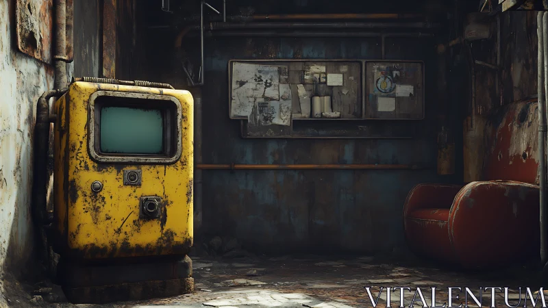Aged yellow monitor anchors a decayed industrial interior scene