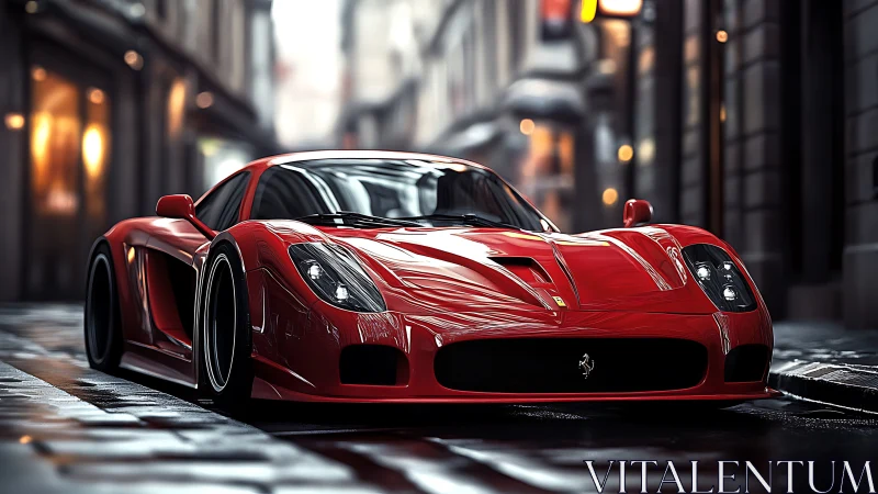 Red sports coupe on wet cobblestone street at dusk.