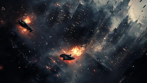 Stormlit future skyline under fire and drifting sparks.