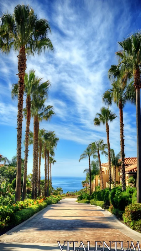 Palm-lined coastal avenue under vivid blue sky at resort.