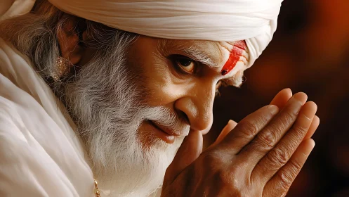 Gentle elder in white turban offering a heartfelt greeting.