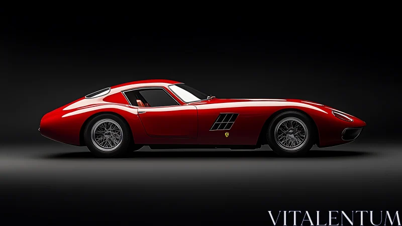 Sleek red classic sports car glows against a deep black background