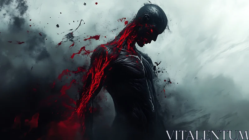 Human-like figure dissolving into dark and red fluid forms.