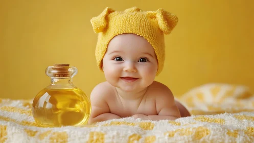 Baby in Yellow Knit Hat with Oil Bottle on Golden Backdrop.