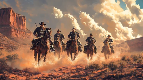 Five bold cowboys ride across a blazing desert trail
