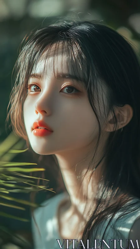 Soft sunlight illuminates a serene digital portrait of a girl.