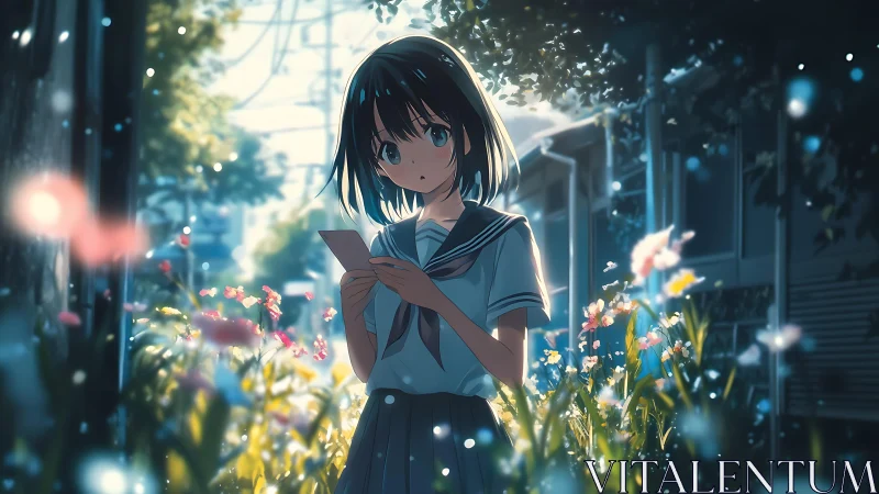 Spring-lit schoolgirl in garden reading smartphone screen.